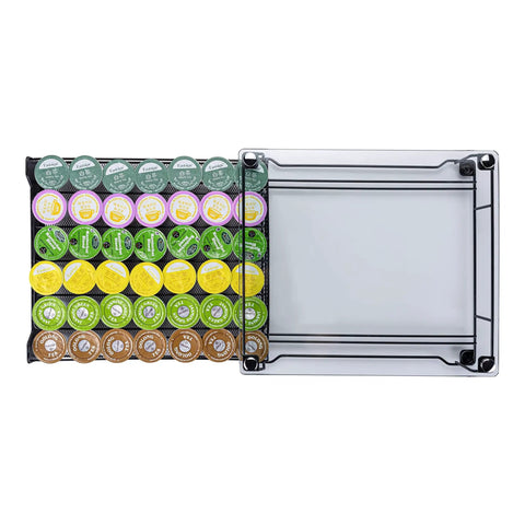 Top view of Space Saving K Cup Drawer Organizer with glass top, holding 42 coffee pods, organized in rows for under coffee maker use.
