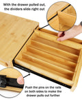 Rolling Keurig Pod Drawer Organizer With Slide Out Coffee Maker Stand Pod Holder Bamboo K Cup Storage Coffee Bar Organizer And Appliance Slider For Keurig Pods with extended bamboo drawer showing dividers