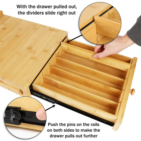 Rolling Keurig Pod Drawer Organizer With Slide Out Coffee Maker Stand Pod Holder Bamboo K Cup Storage Coffee Bar Organizer And Appliance Slider For Keurig Pods with extended bamboo drawer showing dividers