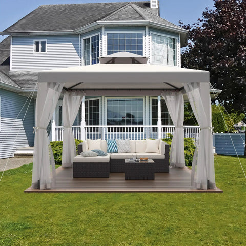 Patio Gazebo Tent 10x10 Outdoor Canopy Shelter with Removable Netting in garden with furniture, weather resistant