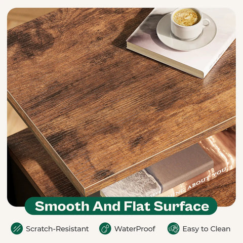 Close-up of Two Pack Nightstand Set With Fabric Drawers And Mesh Shelf, Rustic Brown, showing smooth surface with book and coffee.