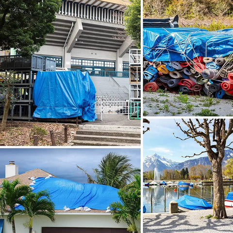 Heavy Duty Waterproof Tarp 20x30 Blue Poly Tarpaulin 16 Mil Thick With Metal Grommets Every 19.5 Inches covering various outdoor setups