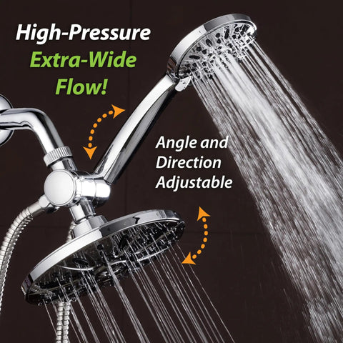 7 Inch Premium High Pressure Rainfall Shower Head And 6 Setting Handheld Combo with chrome finish, water flowing, adjustable angle