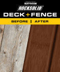 Hardcore Deck And Fence Stain With Gnarly UV Protection Black Walnut Oil Base shown before and after application on weathered wood.