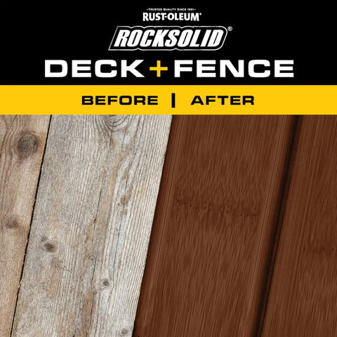 Hardcore Deck And Fence Stain With Gnarly UV Protection Black Walnut Oil Base shown before and after application on weathered wood.