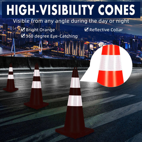 28 Inch Traffic Cones 6 Pack PVC Safety Cones With Reflective Collars And Handle Bright Orange Construction Safety Gear Night