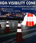 High Visibility Orange Traffic Cones Set Of 10 With Reflective Silver Collars For Construction And Road Work at night with city skyline
