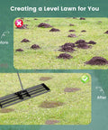 Heavy Duty Lawn Leveling Rake With 67 Inch Long Ergonomic Handle shown leveling uneven soil on lawn before and after use