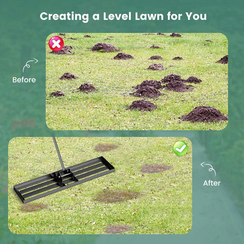 Heavy Duty Lawn Leveling Rake With 67 Inch Long Ergonomic Handle shown leveling uneven soil on lawn before and after use