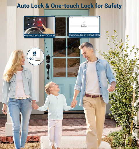 Family outside home with smart deadbolt installation, showcasing Smart Deadbolt With App Control For No Key Entry.