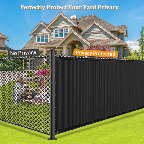Privacy Fence Screen 6x50ft For Yard And Backyard, 170 GSM Heavy Duty Shade Cover With Copper Brass Grommets shown installed on fence