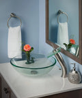 Squared Single Lever Waterfall Vessel Faucet In Brushed Nickel With Clear Glass, Solid Brass Construction on bathroom vanity