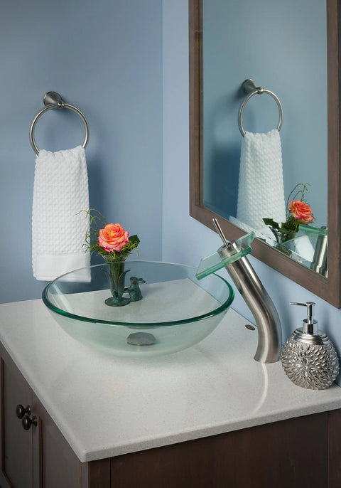 Squared Single Lever Waterfall Vessel Faucet In Brushed Nickel With Clear Glass, Solid Brass Construction on bathroom vanity