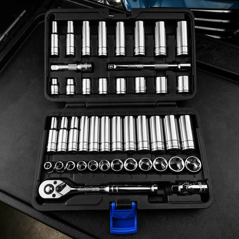 45 Piece Three Eighth Inch Drive Socket Set With 72-Tooth Pear Head Ratchet, Hardened Cr-V Steel, Chrome Plated Finish in Case