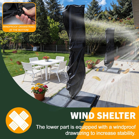 Cantilever Umbrella Cover 9 to 13 ft Waterproof Oxford Fabric over covered umbrella with windproof drawstring on patio.