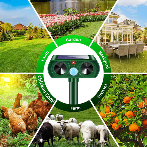 4 Pack Upgraded Sonic Ultrasonic Deer Repellent Devices With Solar Power Waterproof Outdoor Motion Sensor Deterrent For Cats Squirrels Rabbits Raccoons Skunks In Your Yard, green solar unit
