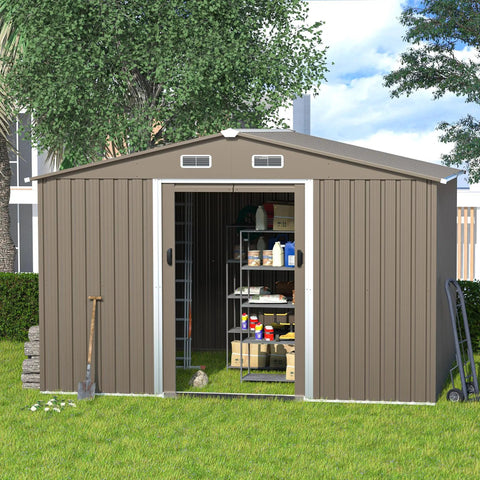 Spacious 10x8 Foot Outdoor Storage Shed With Window And Lockable Doors, Waterproof Galvanized Steel Garden Tool Shed in backyard