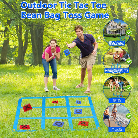 Outdoor Giant Tic Tac Toe And Bean Bag Toss Game For Kids And Adults in a park setting with players enjoying yard fun.