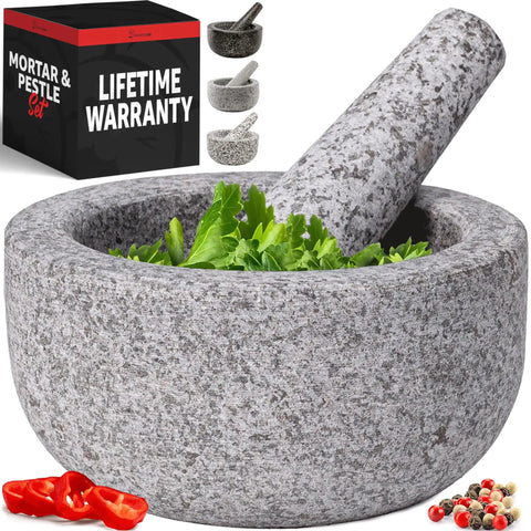 Heavy Duty Granite Mortar And Pestle Set Hand Carved From Natural Stone Two Cup Grinder Bowl For Fresh Guacamole Salsa Pesto