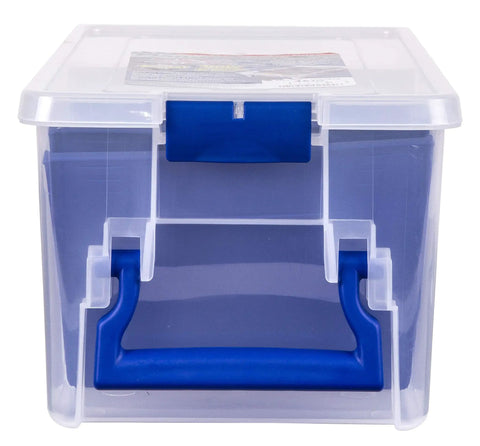Clear Fishing Organizer Case With Adjustable Dividers For Soft Bait Lures And Tackle Tuff Tainer Storage Box With Zerust Anti Corrosion Technology Easy To See Compartments Half Satchel Style For Easy Access, front view with blue handle