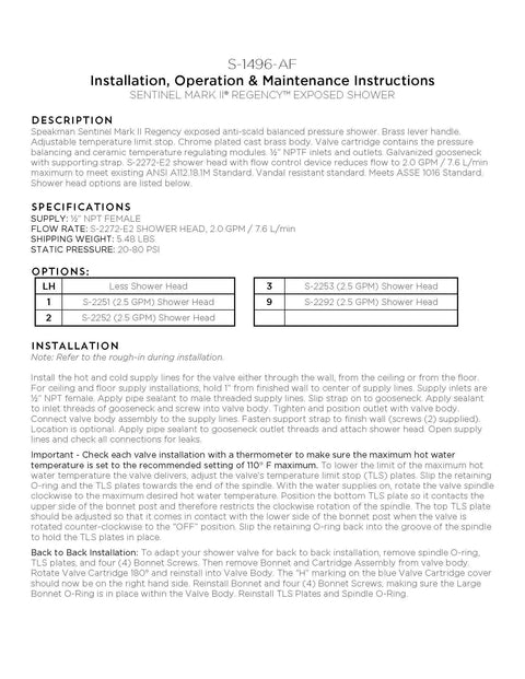 Installation manual for Exposed Shower Valve With Cross Handle, Pressure Balance Ceramic Temperature Regulating Cartridge