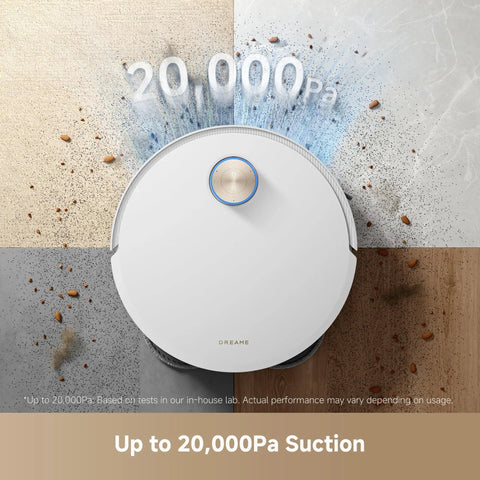 Top view of Beast Mode 20,000 Pa Suction Robot Vacuum showcasing powerful suction on different floor surfaces.