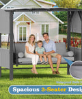 Family seated on 3 seat porch swing bed with stand and adjustable canopy for outdoor use, 2 in 1 convertible patio hammock chair with thick cushioned seat.