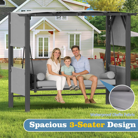 Family seated on 3 seat porch swing bed with stand and adjustable canopy for outdoor use, 2 in 1 convertible patio hammock chair with thick cushioned seat.