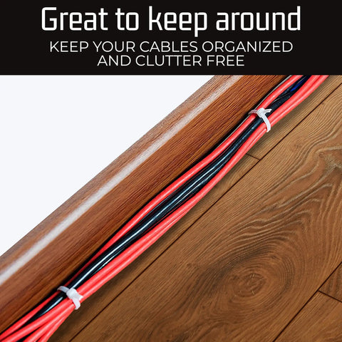 11 Inch White Zip Ties 1000 Pack Heavy Duty Self Locking Nylon Cable Ties holding cables on wooden floor