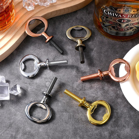 Bottle opener inserts set, 12 pieces with threaded bolts in assorted silver, copper, and gold finishes