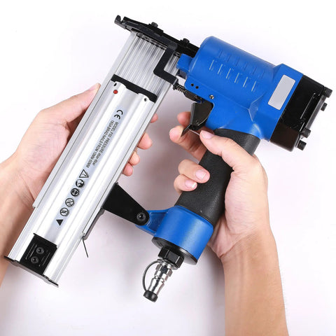 Two In One Air Brad Nailer Gun 14 Gauge Pneumatic Woodworking Finisher Featuring Adjustable Exhaust Deflector Touch Strike Safety System Hella Easy Shoot Design With Soft Grip Rubber Handle And Heavy Duty Aluminum Body For Stress Free Trim Work