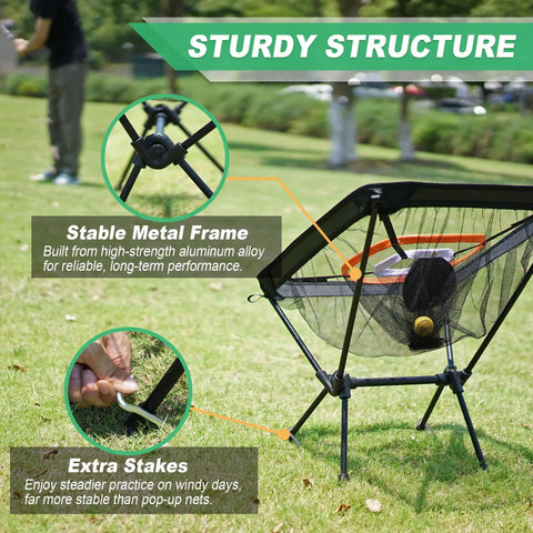 Chipping Net Indoor Outdoor Golf Practice Target With Center Target And Three Dynamic Baskets Includes Tee And Balls Pro Grade Durable Aluminum Frame Perfect Backyard Game Gift For Golfers showing aluminum frame and stakes in grass