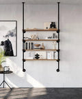 Heavy Duty Wall Mounted Shelf Brackets For DIY Industrial Shelving, Black Steel Pipe Design with decorative items on shelves