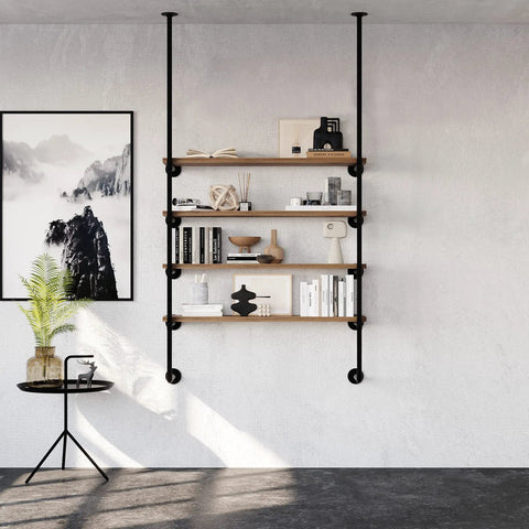 Heavy Duty Wall Mounted Shelf Brackets For DIY Industrial Shelving, Black Steel Pipe Design with decorative items on shelves