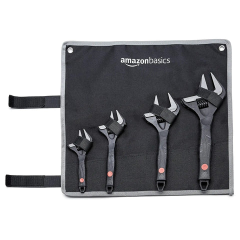 Wide Jaw Adjustable Wrench Set With Soft Grip Handles Includes 6, 8, 10, 12 Inch Sizes with case