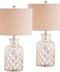 Alvord Mercury Silver Quatrefoil Glass Table Lamps Set of 2 with grey linen drum shades, textured glass base