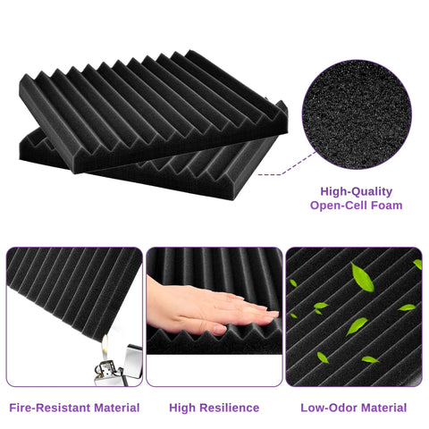 Premium High Density Acoustic Foam Panels 52 Pack Dampening Wall Tiles Solid Bang For Your Buck For Recording Studio Gaming Room Noise Blocking Treatment Black showing fire-resistant, open-cell foam texture.