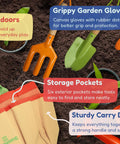 Kid Friendly Garden Tool Set For Kids STEM Learning Kit With Tote Bag Colorful Spade Watering Can Rake Fork Trowel And Gloves Durable Lightweight Gear For Little Gardeners Sunshine Edition with labeled features.