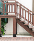 Staircase with 4x4 Wood Fence Post Anchor Base Set 2mm Steel Black Powder Coated Includes Wood Screws and Concrete Anchors on posts.