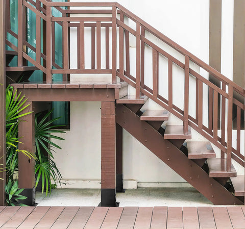 Staircase with 4x4 Wood Fence Post Anchor Base Set 2mm Steel Black Powder Coated Includes Wood Screws and Concrete Anchors on posts.