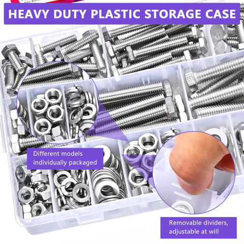 Premium 304 Stainless Steel Hex Bolt Nut Washer Assortment Kit in heavy duty plastic storage case for DIY projects.