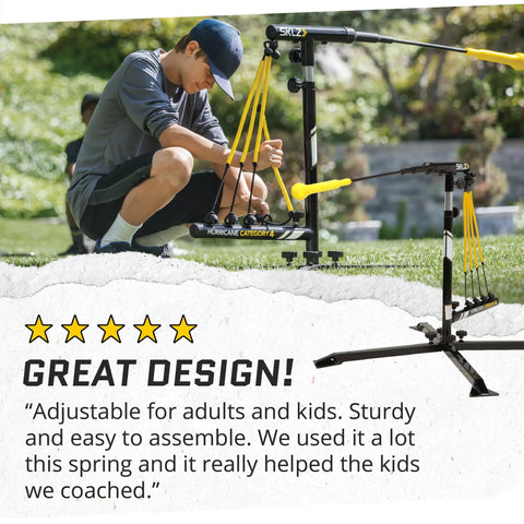 Person setting up Hurricane Batting Swing Trainer For Baseball And Softball With A Durable Swing Arm Four Power Band System