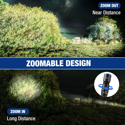 Outdoor demonstration of Two In One UV Pen Flashlight With White Light And 395nm Black Light, zoomable focus highlighting trees.