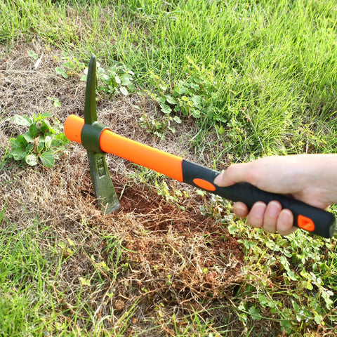 Using 15 inch heavy duty forged garden pick axe with rubber non slip handle from 8 piece pick mattock hoe set for weeding