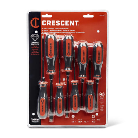 Diamond Tip Dual Material Screwdriver Set With Phillips And Slotted Drivers 8 Piece Pro Grade Hand Tools in packaging.