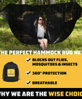 Hammock Bug Net With Universal Fit For Single Or Double Setups, lightweight mesh covering hammock in forest setting.