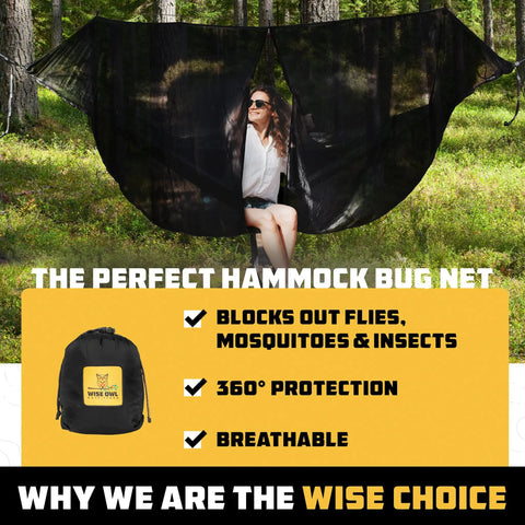 Hammock Bug Net With Universal Fit For Single Or Double Setups, lightweight mesh covering hammock in forest setting.