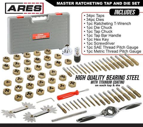 Master Ratcheting Tap And Die Set With Metric And SAE Sizes, titanium coated finish, reversible ratchet, 34 taps and 34 dies