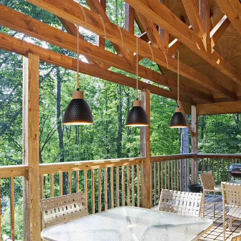 Three Light Plug In Pendant Light With Twisted Hemp Rope, 22 Ft Hanging Lamp, Industrial Black Finish over outdoor dining area.