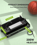Hella Bright 150W LED Flood Light Outdoor 13500 Lumens showing dimensions and weight next to basketball, solid build